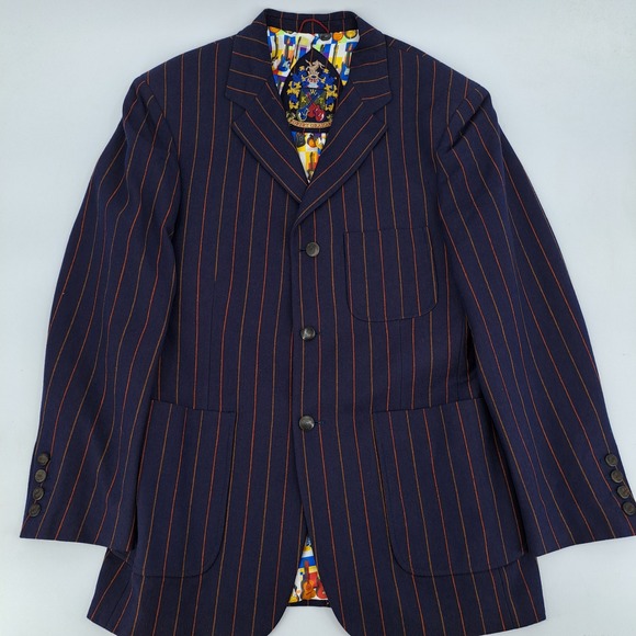 Robert Graham Blazer Mens L Wool Navy Blue Orange Pinstripe Guitar Lining Jacket - Picture 3 of 11